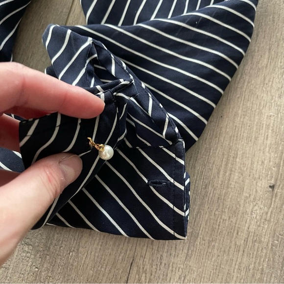 Ralph Lauren Navy Striped 100% Silk Pearl Button Down Blouse - Picture 3 of 5